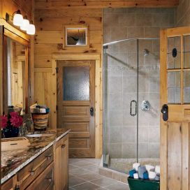 Sprchovací kút v drevenej kúpeľni