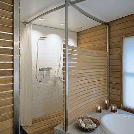 Sprchovací kút s dreveným obkladom