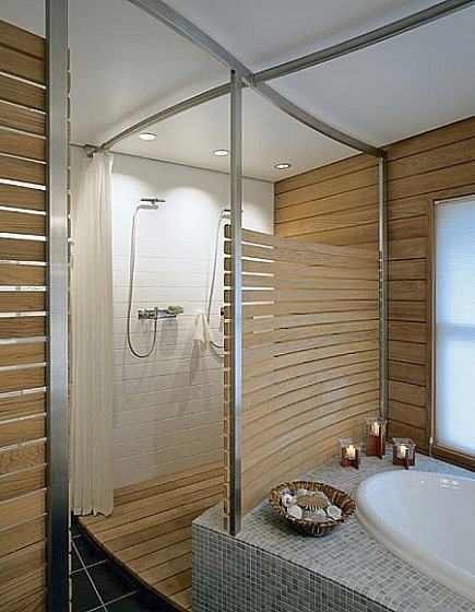 Sprchovací kút s dreveným obkladom - 