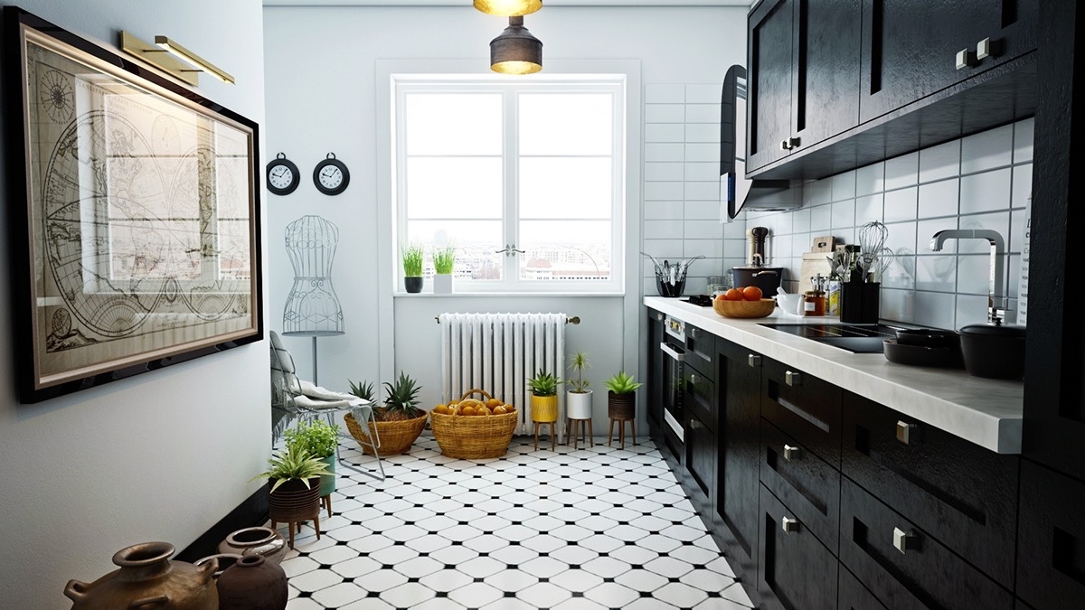 Škandinávska kuchyne s mozaikovou podlahou - 