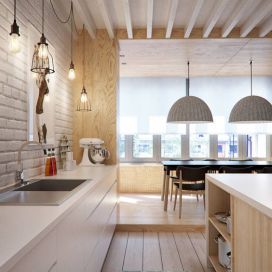Škandinávska kuchyňa s bielou tehlovou stenou