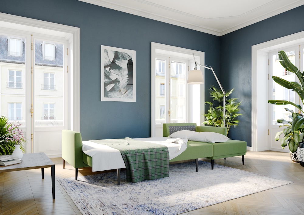 Obývačka s modernou zelenú sedacou súpravou - 