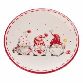 Červeno-biely keramický tanier s motívom trpaslíkov Dakls
