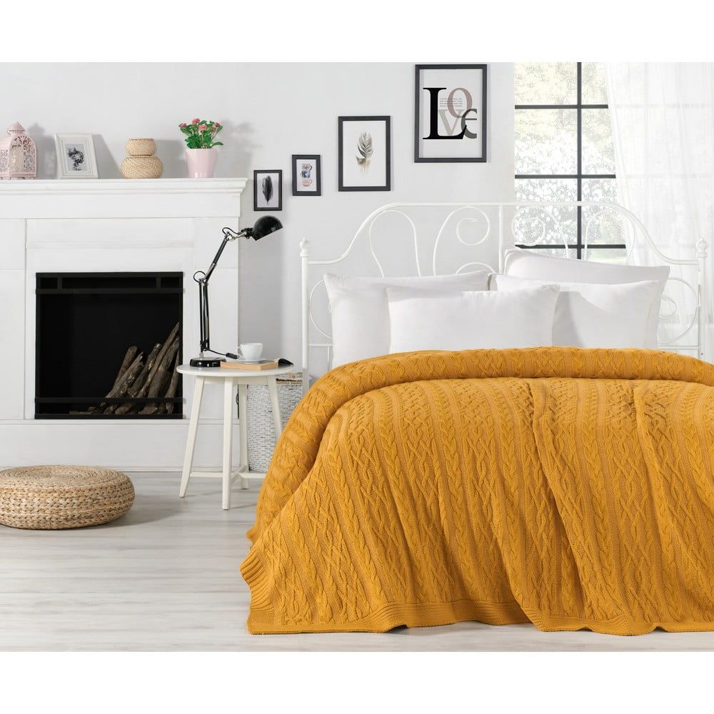 Horčicovožltá prikrývka cez posteľ Knit, 220 x 240 cm - Bonami.sk