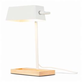 Biela stolová lampa s prvkami z jaseňového dreva Citylights Cambridge