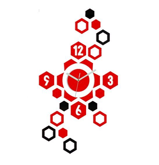 3D nalepovací hodiny Hexagon červené-černé - Houseland.sk