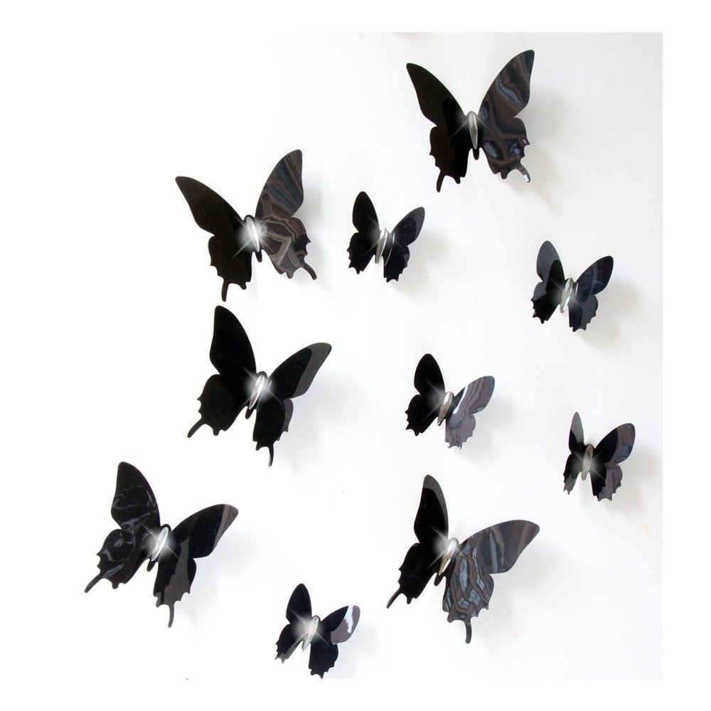Sada 12 čiernych adhezívnych 3D samolepiek Ambiance Wall Butterflies - Bonami.sk