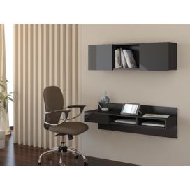 PC stolík na stenu s policou Uno - čierna / čierny lesk