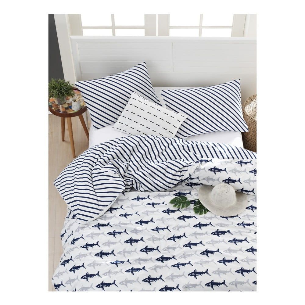 Obliečky s plachtou na dvojlôžko z ranforce bavlny Mijolnir Shark Dark Blue & White, 200 × 220 cm - Bonami.sk