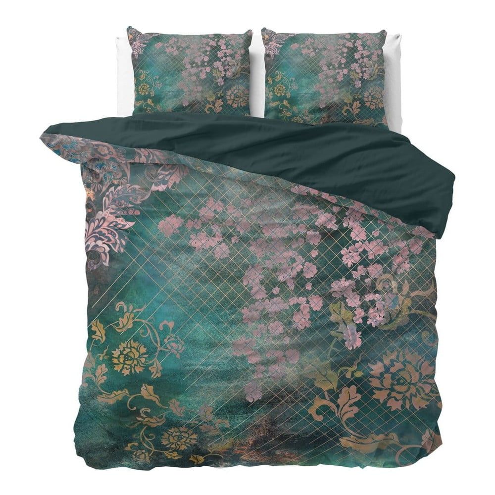Zelené bavlnené obliečky na dvojlôžko Pure Cotton Tiran Flower, 240 x 200 cm - Bonami.sk