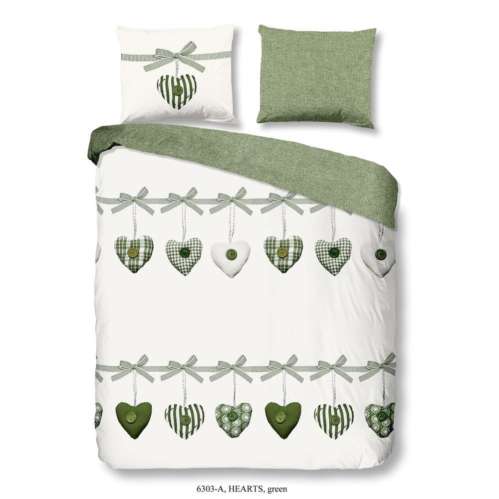 Zeleno-biele obliečky na dvojlôžko z bavlny Good Morning Hearts, 200 × 200 cm - Bonami.sk