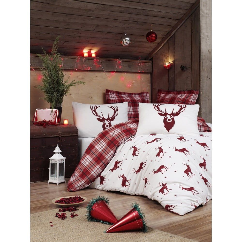 Obliečky s plachtou s prímesou bavlny na dvojlôžko Eponj Home Geyik Claret Red, 200 × 220 cm - Bonami.sk