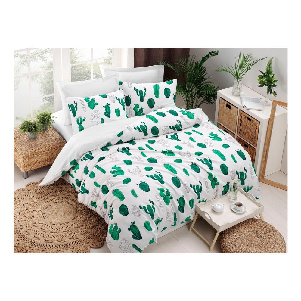 Obliečky s plachtou s prímesou bavlny na dvojlôžko Kaktus Green, 200 × 220 cm - Bonami.sk