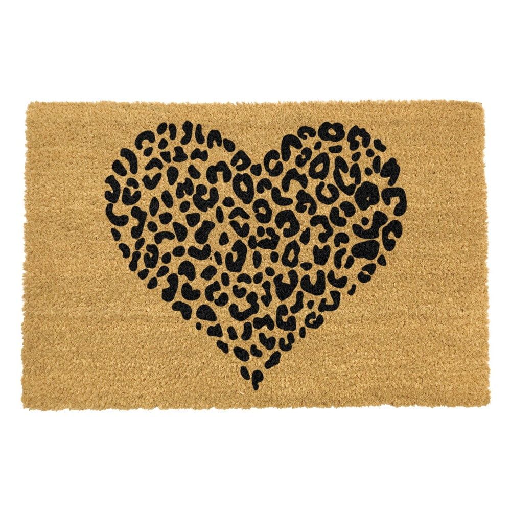 Čierna rohožka z prírodného kokosového vlákna Artsy Doormats Leopard Heart, 40 x 60 cm - Bonami.sk
