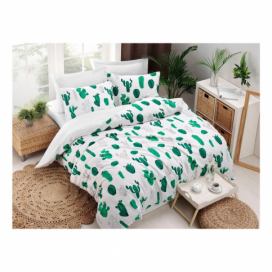 Obliečky s plachtou s prímesou bavlny na dvojlôžko Kaktus Green, 200 × 220 cm