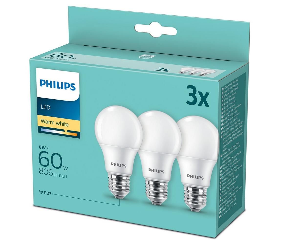 Philips SADA 3x LED Žiarovka Philips A60 E27/8W/230V 2700K  - Svet-svietidiel.sk