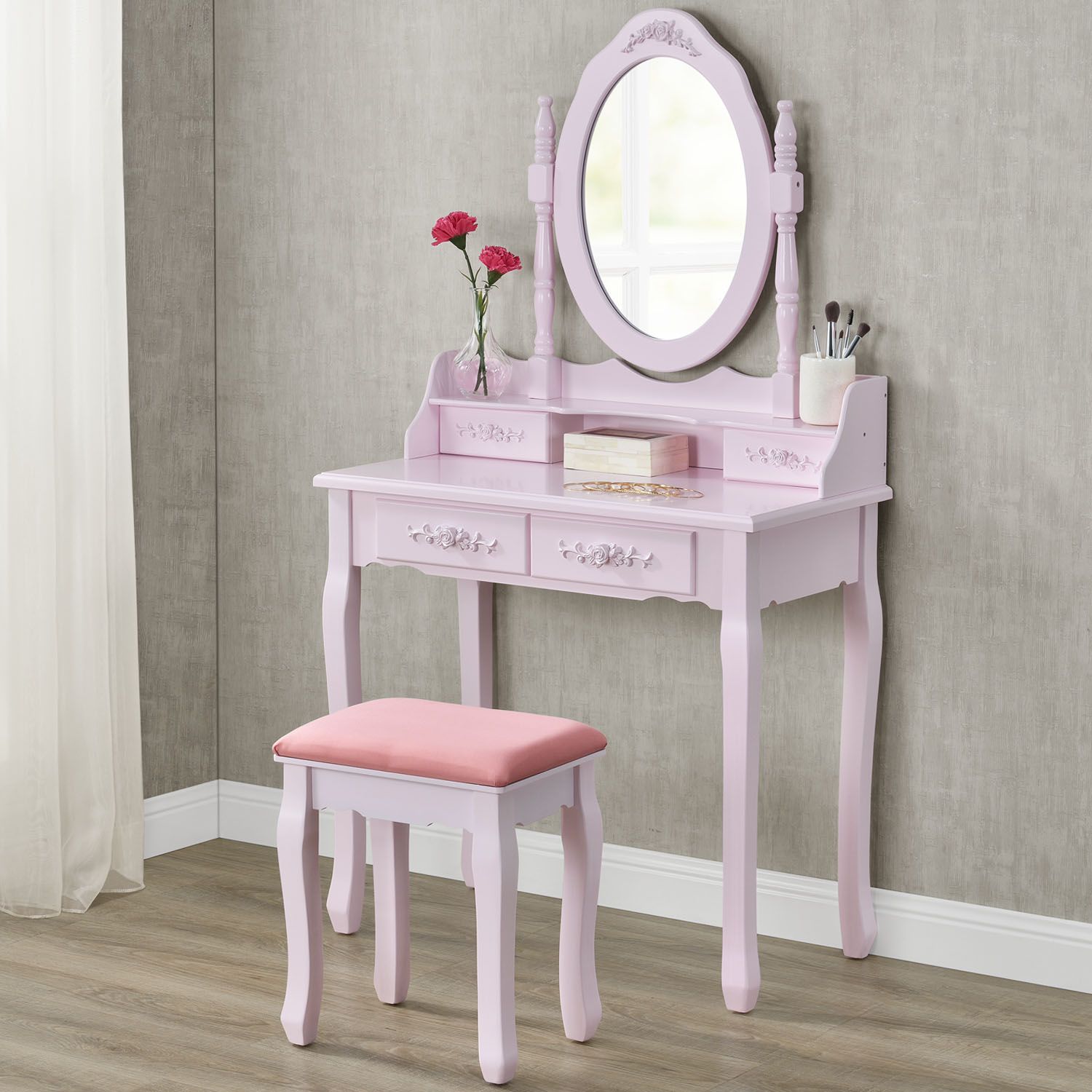 Juskys Toaletný stolík \"Mira\" ružový so zrkadlom a stoličkou - Eshopist.sk
