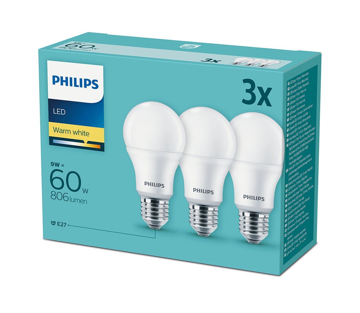Philips Sada 3x LED Žiarovka Philips E27/9W/230V 2700K  - Svet-svietidiel.sk