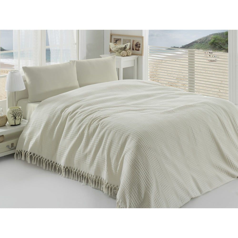 Krémovobiely ľahký bavlnený pléd cez posteľ na dvojlôžko Pique, 220 × 240 cm - Bonami.sk