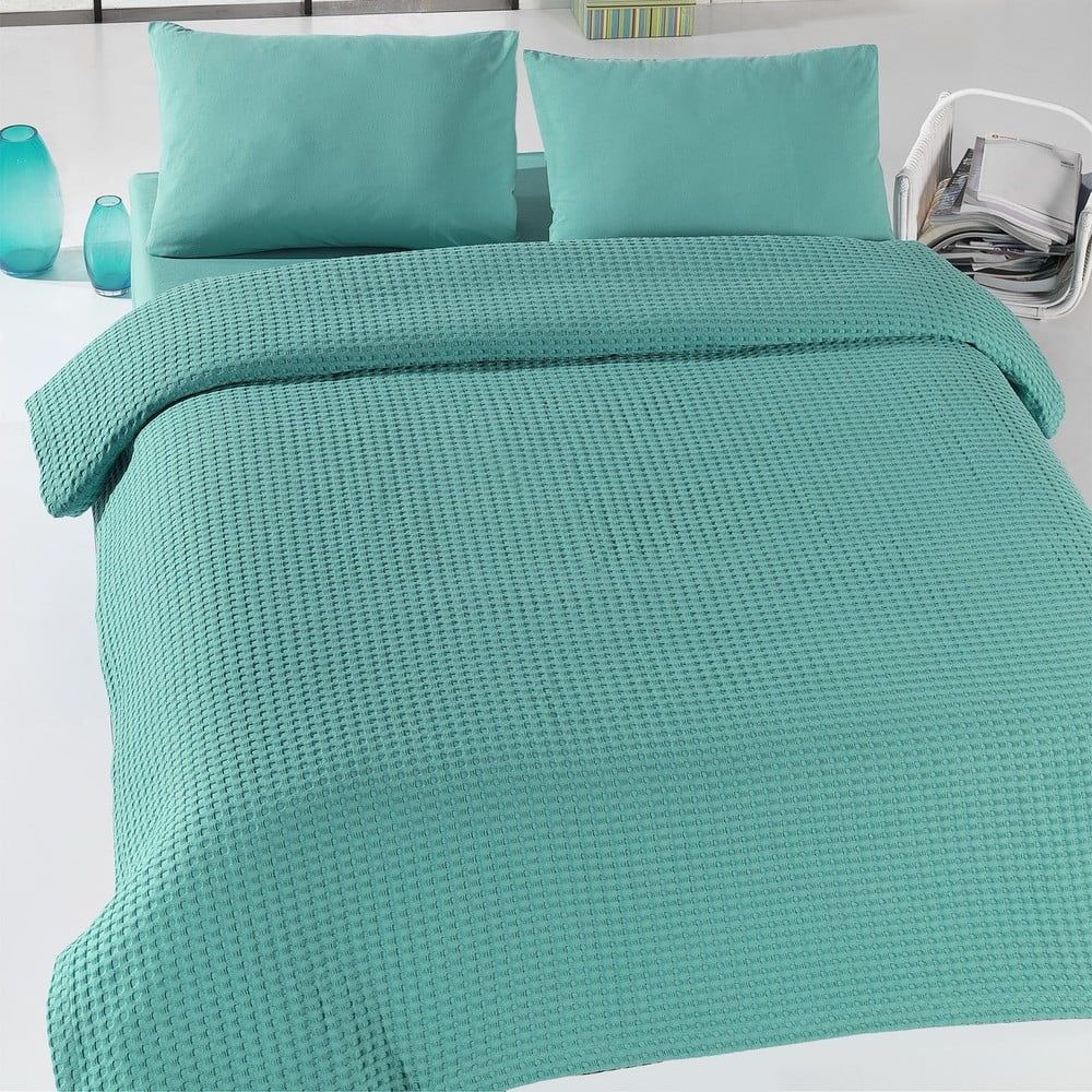 Zelený ľahký bavlnený pléd na posteľ Green Pique, 200 x 230 cm - Bonami.sk