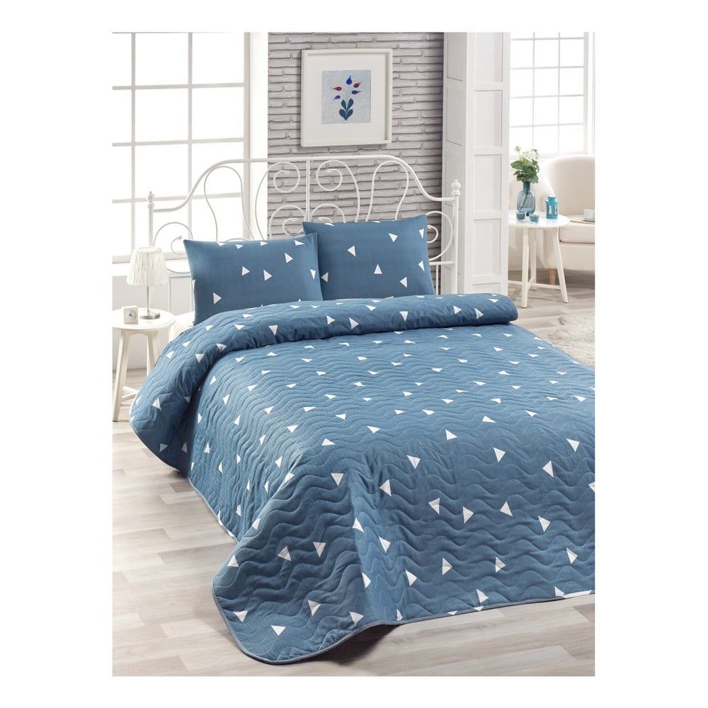 Set modrej bavlnenej prikrývky cez posteľ a 2 obliečok na vankúše Lesso Duro, 200 × 220 cm - Bonami.sk