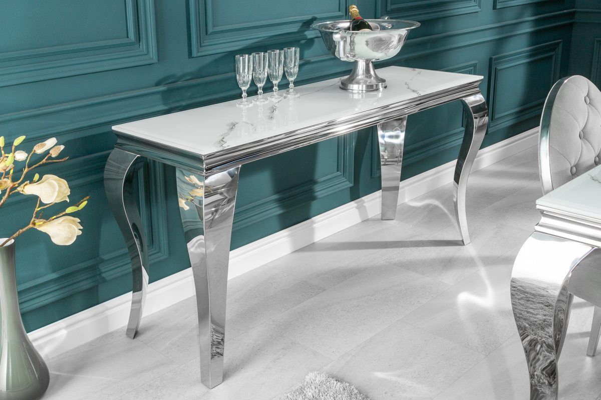 LuxD Dizajnový konzolový stôl Rococo 145 cm strieborný - mramor - ESTILOFINA.SK