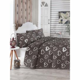 Hnedý prešívaný pléd cez posteľ s 2 obliečkami na vankúše Amor, 200 × 220 cm