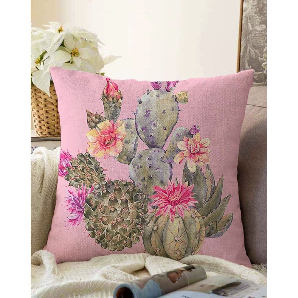 Ružová obliečka na vankúš s prímesou bavlny Minimalist Cushion Covers Blooming Cacti, 55 x 55 cm - Bonami.sk