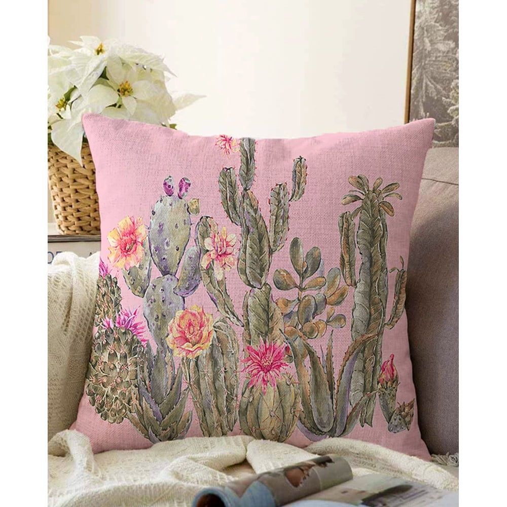 Ružová obliečka na vankúš s prímesou bavlny Minimalist Cushion Covers Blooming Cactus, 55 x 55 cm - Bonami.sk