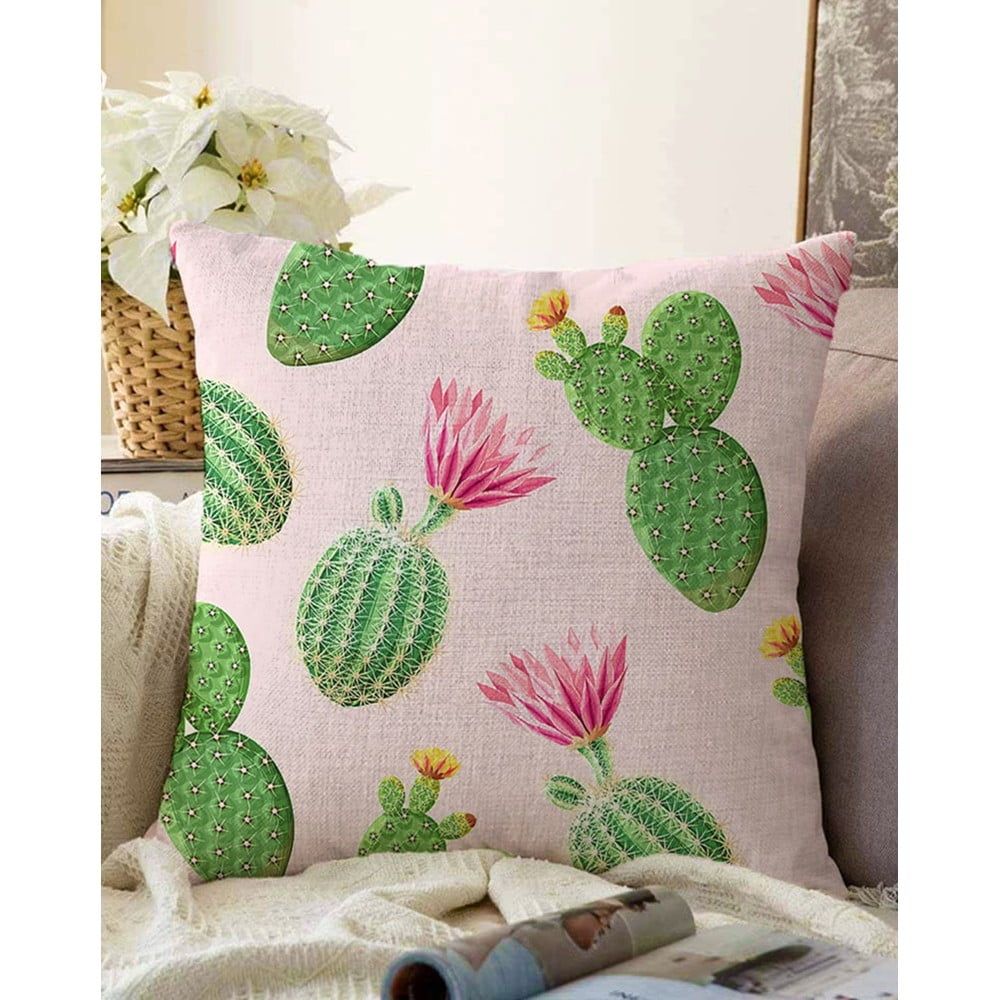 Ružovo-zelená obliečka na vankúš s prímesou bavlny Minimalist Cushion Covers Blooming Cactus, 55 x 55 cm - Bonami.sk
