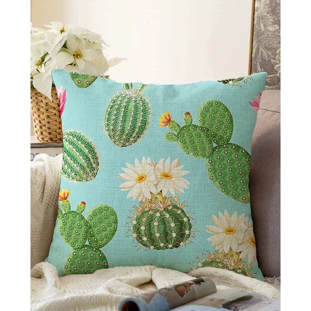 Modro-zelená obliečka na vankúš s prímesou bavlny Minimalist Cushion Covers Blooming Cactus, 55 x 55 cm - Bonami.sk