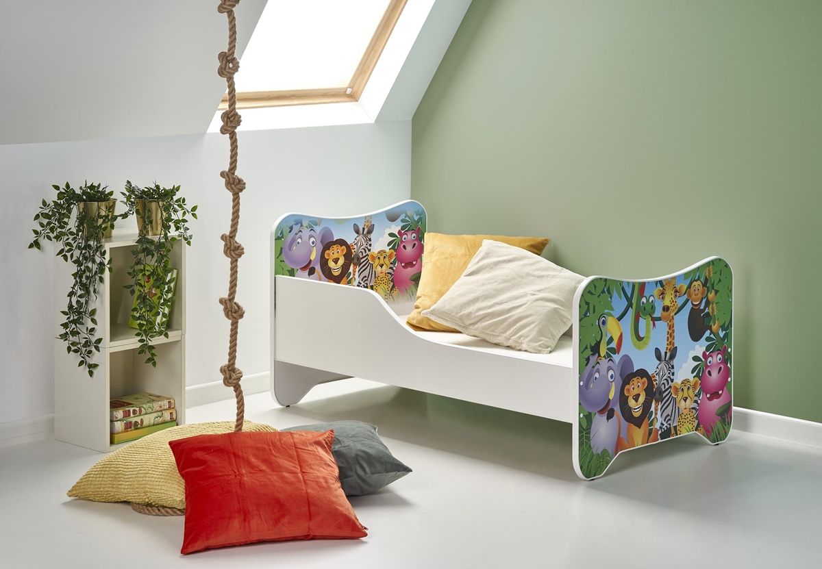 Detská posteľ s roštom a matracom Happy Jungle - biela / kombinácia farieb - nabbi.sk