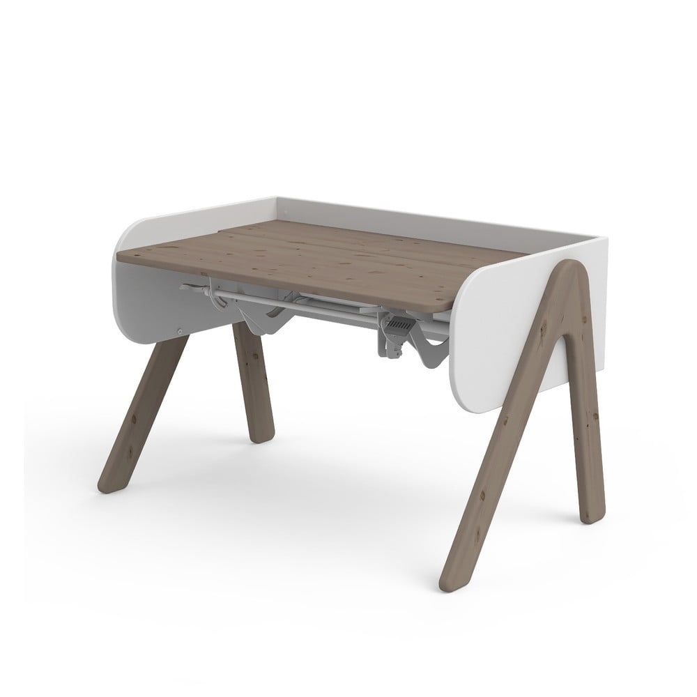 Tmavý hnedo-biely písací stôl z borovicového dreva s nastaviteľnou výškou Flexa Woody - Bonami.sk