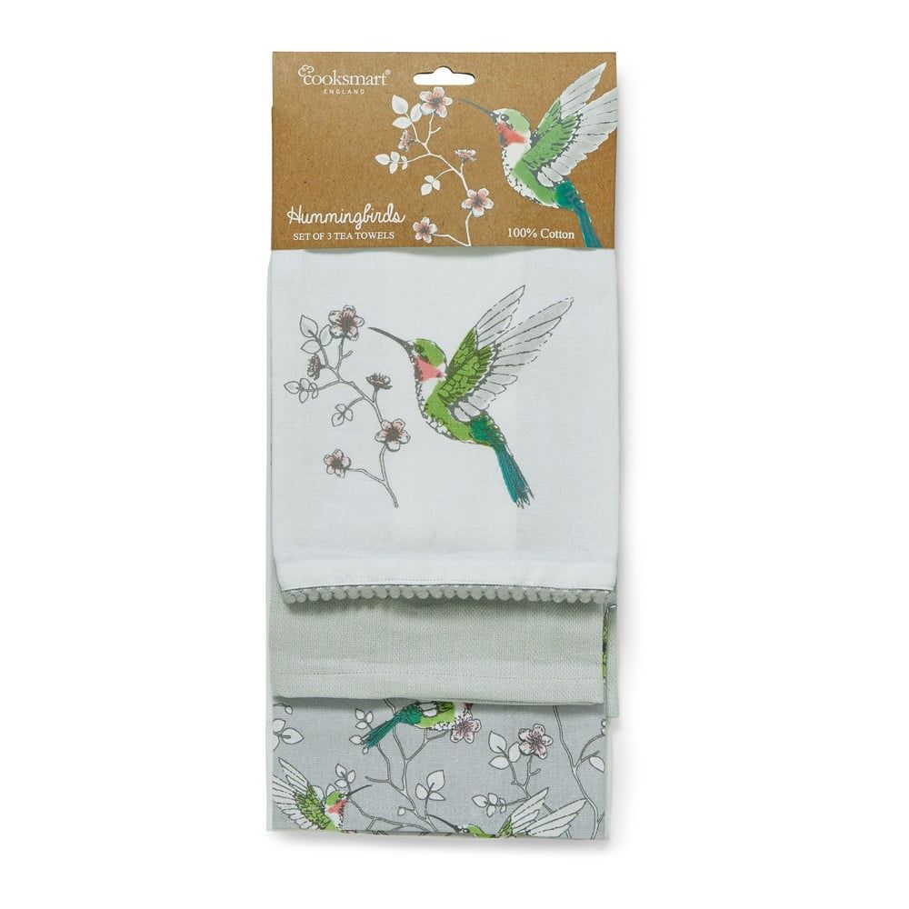 Súprava 3 sivých kuchynských bavlnených utierok Cooksmart ® Hummingbirds - Bonami.sk