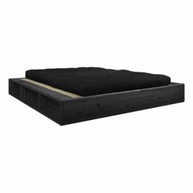 Čierna dvojlôžková posteľ z masívneho dreva s čiernym futonom Double Latex a tatami Karup Design, 140 x 200 cm