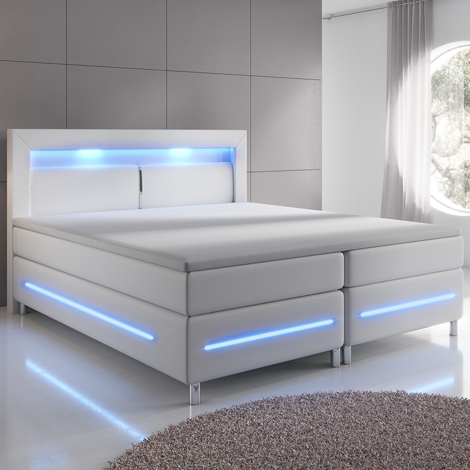 Juskys Pružinová posteľ Norfolk 140 x 200 cm biela - LED pásy a pružinové jadro matrace - Eshopist.sk