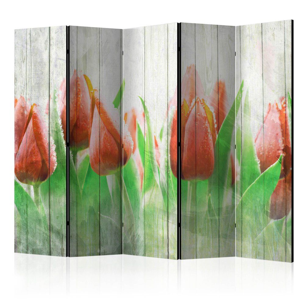 Paraván Red tulips on wood Dekorhome 225x172 cm (5-dielny) - dekorhome.sk