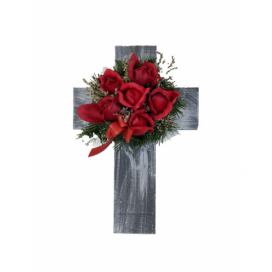 Kríž s umelým kvetom v červenej farbe, 40 x 26 x 17 cm