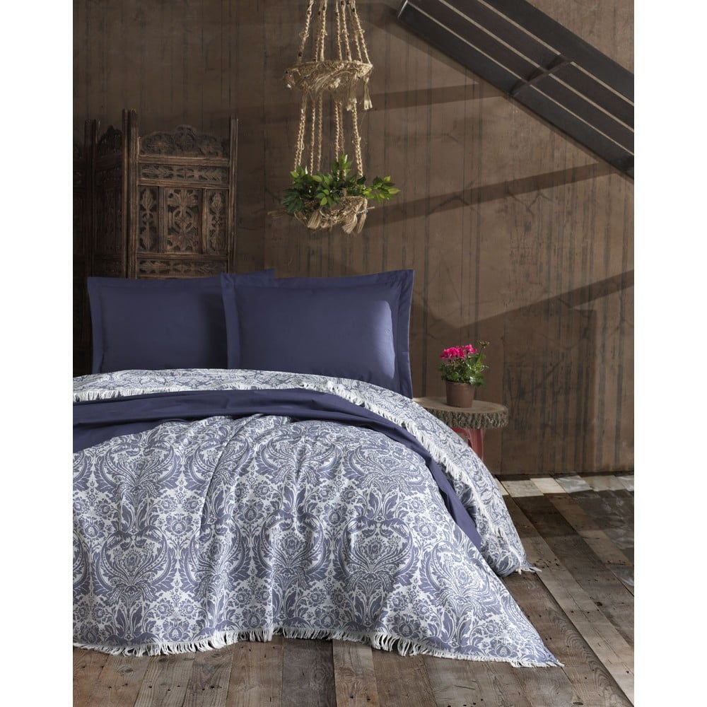 Tmavomodrý bavlnený pléd na dvojlôžko EnLora Home Nish Dark Blue, 240 × 260 cm - Bonami.sk