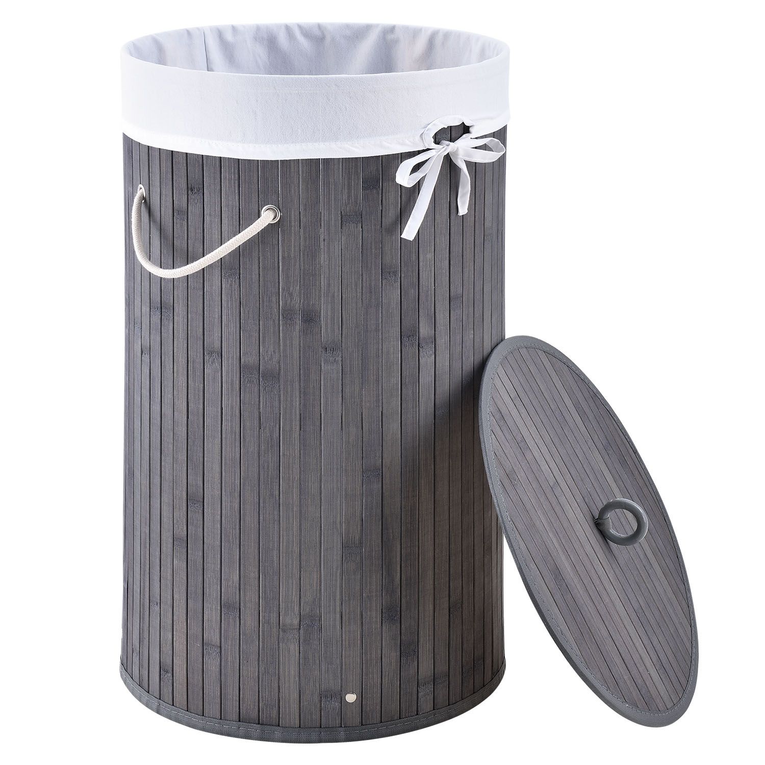 Juskys Bambusový kôš na prádlo Curly-Round šedý s vakom na bielizeň a rukoväťami, 55 l - Eshopist.sk